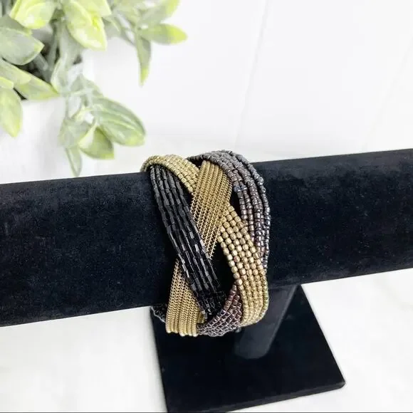 Metallic Tones Criss Cross Beaded Cuff Bracelet - Picture 5 of 6